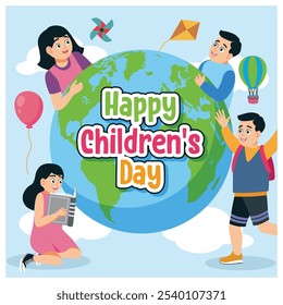 Happy children celebrating World Children's Day. Children play with great joy. Children's Day concept. Flat vector illustration.