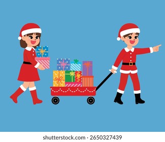 happy children character carry christmas gift, smile girl and boy cartoon wear elf costume truck festive present on toy cart illustration