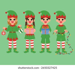 happy children character hold christmas ornament ball, bauble, christmas light for decoration, smile boy and girl cartoon wear elf costume with festive gift illustration