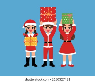 happy children character hold christmas gift, smile boy and girl cartoon wear Santa Claus costume with festive present illustration
