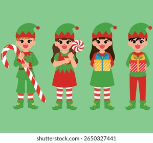 happy children character hold christmas candy cane, christmas treat, smile boy and girl cartoon wear elf costume with festive gift illustration