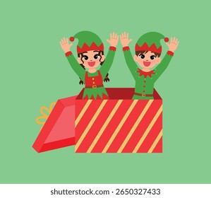 happy children character jump out from  giant christmas gift box, smile girl and boy cartoon wear elf costume surprise in joy illustration 