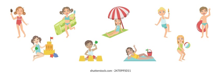 Happy Children Character at Sea Sunbathing on Beach Vector Set