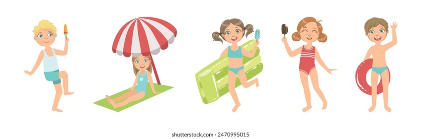 Happy Children Character at Sea Sunbathing on Beach Vector Set