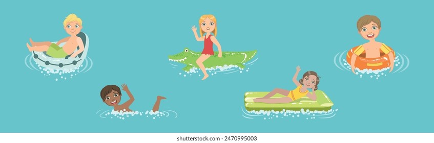 Happy Children Character at Sea Swimming in Water Vector Set