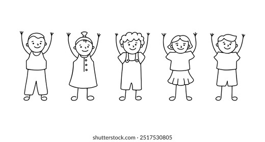 Happy children character with their hands up stand in row, doodle hand drawn line set. Group small people, kindergarten, preschool. Vector linear illustration