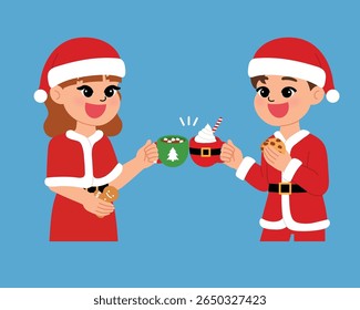 happy children character toast for chocolate mug and treat , smile boy and girl cartoon wear Santa Claus costume cheers with mug illustration
