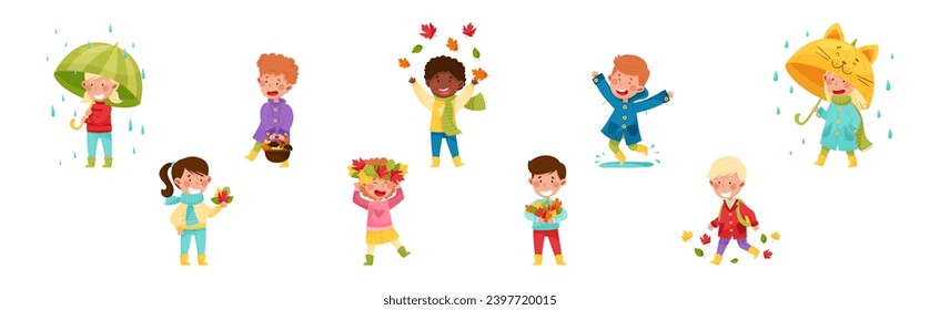 Happy Children Characters in Autumn Season Walking with Umbrella and Throwing Leaves Vector Set