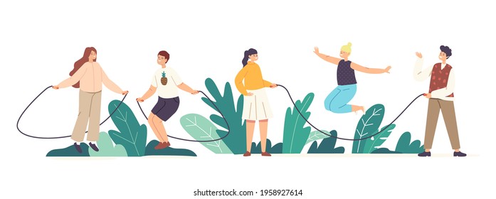 Happy Children Characters Exercising with Jump Rope. Kids Summertime Recreation, Outdoor Activity, Active Sparetime, Little Boys or Girls Playing Together on Street. Cartoon People Vector Illustration