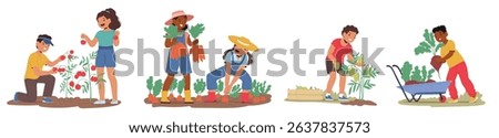 Happy children characters harvesting fruits and vegetables in garden cartoon scene isolated set. Little framers and agronomists working on farm collecting organic food crops vector illustration