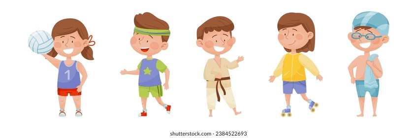 Happy Children Characters Playing Sport Game Vector Set