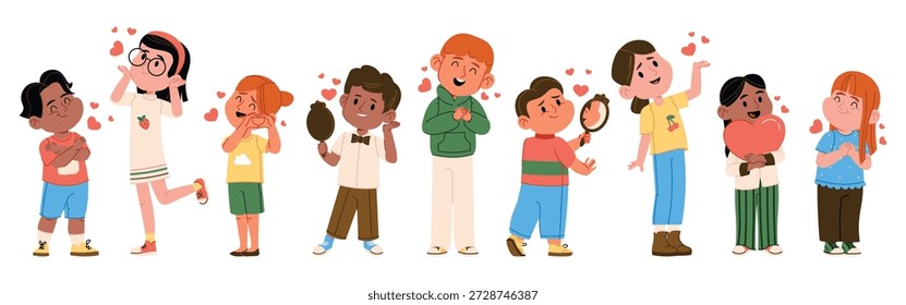 Personajes de niños felices que practican el amor propio, se admiran a sí mismos, sonríen y se sienten seguros de sí mismos. Psicología positiva para la salud mental infantil y la Ilustración vectorial del desarrollo