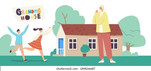 Happy Children Characters Running to Embrace Grandmother Stand at House. Kids Arrived to Grandma for Summertime Vacation in Country or Village. Happy Family Relations Linear People Vector Illustration