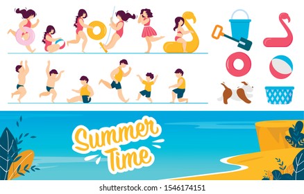 Happy Children Characters and Summer Rest Set. Cartoon Girl Boy Wearing Swimming Suit in Different Poses. Kids Run, Jump, Play, Swing. Beach Game Accessories. Seacoast. Vector Lettering Illustration