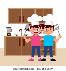 happy children chefs smiling with hat and kitchen tools cartoon. vector illustration