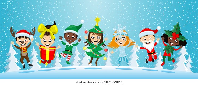 Happy children in Christmas costumes on the background of winter nature.