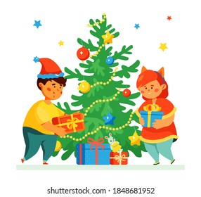 Happy children at the Christmas tree - colorful flat design style illustration with cartoon characters. Cheerful kids, boy and girl in costumes getting presents. New Year celebration, party idea