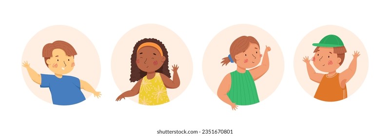 Happy children in the colorful circles and the white background. Vector cartoon illustration. Multiculturalism and diversity. Boys and girls with funny faces and emotions. Cute kids characters. Ideal