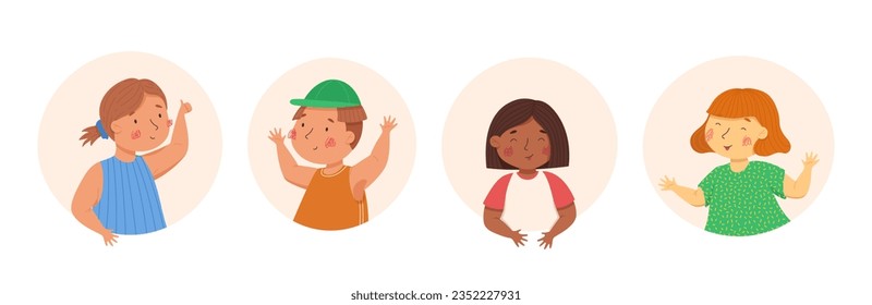 Happy children in the colorful circles and the white background. Vector cartoon illustration. Multiculturalism and diversity. Boys and girls with funny faces and emotions. Cute kids characters. Ideal