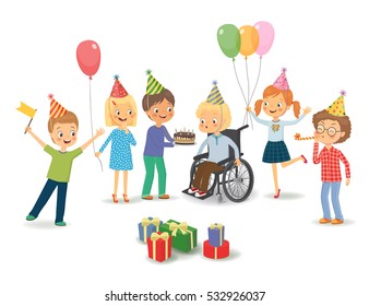 Happy children congratulates disabled child on his birthday. Cute boy in a wheelchair blowing on candles on birthday cake after making his wish at party. Vector isolated