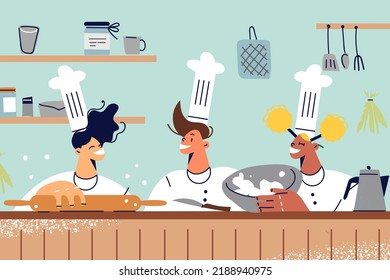 Niños felices cocinando juntos en la cocina. Los niños sonrientes se divierten preparando comida con ingredientes en casa. El concepto de hobby infantil. Ilustraciones vectoriales. 