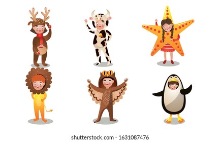 Happy children in costumes of different animalsvector illustration