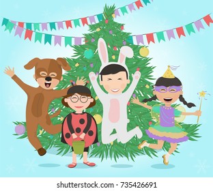 Happy children in costumes at the festival. Boys and girls, smiling and having fun around the Christmas tree. Mockup.