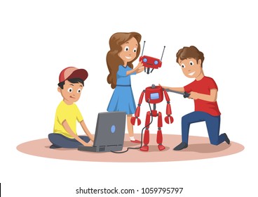 Happy children creating and programming a robot. Children's club of robotics. Cartoon vector illustration, isolated on white background.