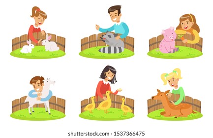 Happy Children and Cute Animals In Petting Zoo Set, Boys and Girls Playing, Feeding and Hugging with Piglet, Rabbit, Goat, Raccoon, Gosling, Fawn Vector Illustration