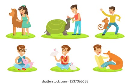 Happy Children and Cute Animals In Petting Zoo Set, Boys and Girls Playing, Feeding and Hugging with Alpaca, Turtle, Monkey, Piglet, Rabbit, Fox Vector Illustration