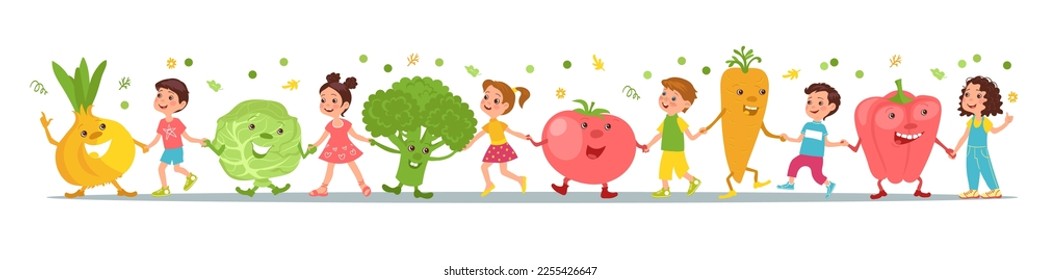 Niños felices y verduras lindas. Personajes de comida. Niños divertidos tomándose de la mano con grandes frutas. Comida saludable. Productos naturales. Niños y niñas de pie en cadena. Espléndido