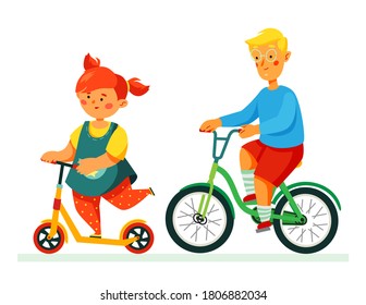 Happy children cycling - flat design style illustration with cartoon characters. Colorful composition with cheerful kids, girl on a scooter and boy on a bicycle. Sports and active lifestyle concept