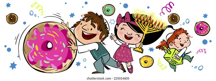 Happy children dance with donuts and enjoy hanukkah