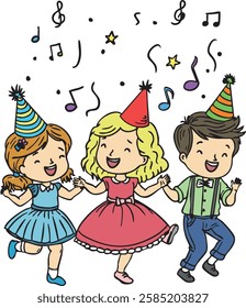 Happy Children Dancing at a Birthday Party with Music Notes - Fun Celebration Illustration