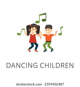 Happy children dancing to music hands flat vector icon. Cartoon drawing or illustration of young boy and girl having fun together on white background. Relationship, family, love, entertainment concept