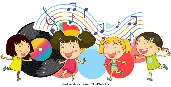 Happy children dancing with music notes on white background illustration