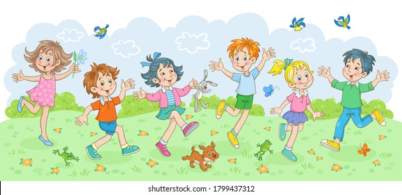 Happy children dancing on a summer meadow. In cartoon style. Vector illustration.