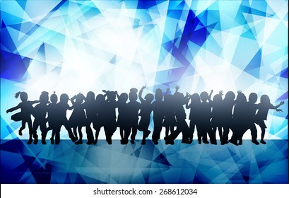 Happy children dancing together and abstract background