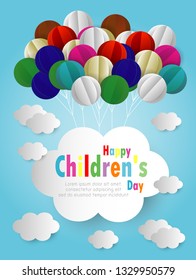 Happy children day background. Origami made of Balloons and cloud in the air, paper art design and craft style. illustration vector. 