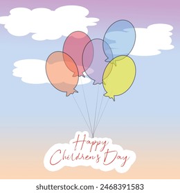 Feliz día de los niños con globo y adorno de la nube póster