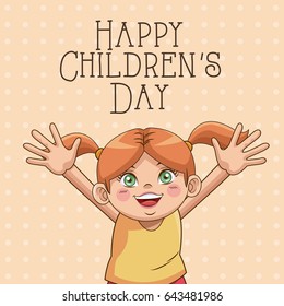 happy children day card. cute girl hair ponytails funny