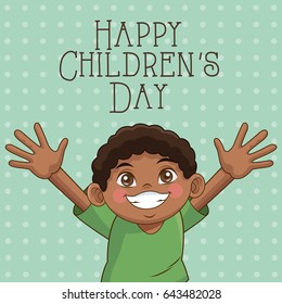 happy children day card. cute afro boy hands up celebration