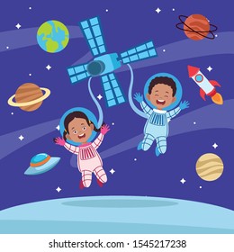 happy children day celebration with kids couple in the space vector illustration design