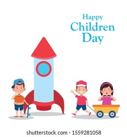 Happy children day design with cartoon kids and space rocket over white background, vector illustration