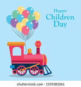 Happy children day design with empty train cabin and colorful balloons over blue background, vector illustration