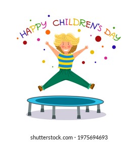 Happy children is a Day. Funny girl jumping on a trampoline.