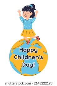 Happy children day greeting card. Illustration of jumping on earth smiling girl. Child in cartoon style.