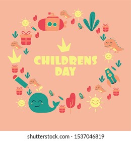 Happy Children day with iconic illustration. with cute pattern- Vector