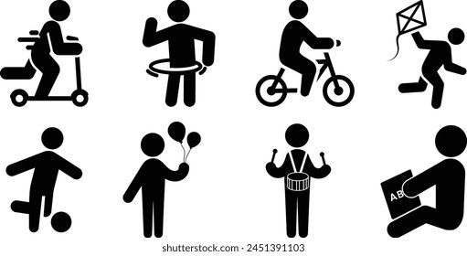 Happy children day Icons collection. Read book, Cycling, balloon symbol Vector Illustration.