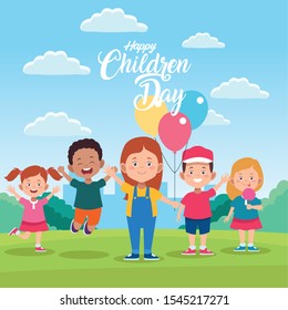 happy children day with kids and balloons helium in the field vector illustration design